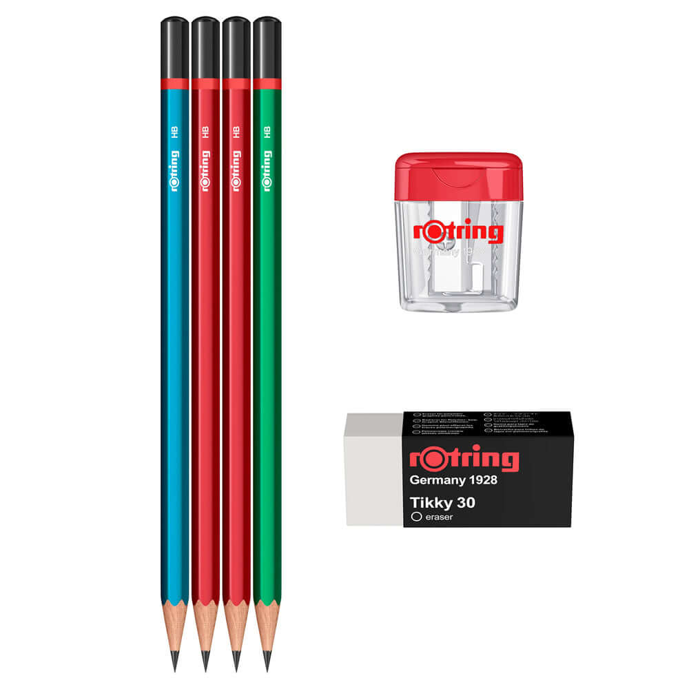 Set 4 creioane grafit Rotring, HB, radiera Tikky30, ascutitoare Set 4 creioane grafit Rotring, HB, radiera Tikky30, ascutitoare